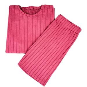 Womens 2X 2-piece Pink Ribbed Knit Round Neck Short Sleeve Lounge Shorts Set